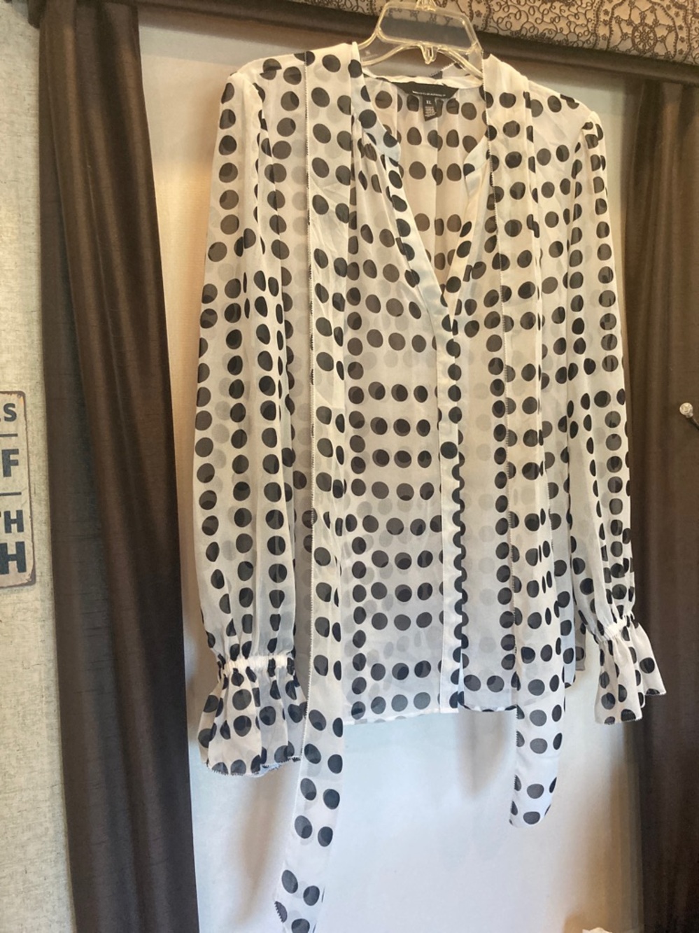 White House Black Market White Sheer Polka Dot Blouse with Black Dots - Picture 6 of 10